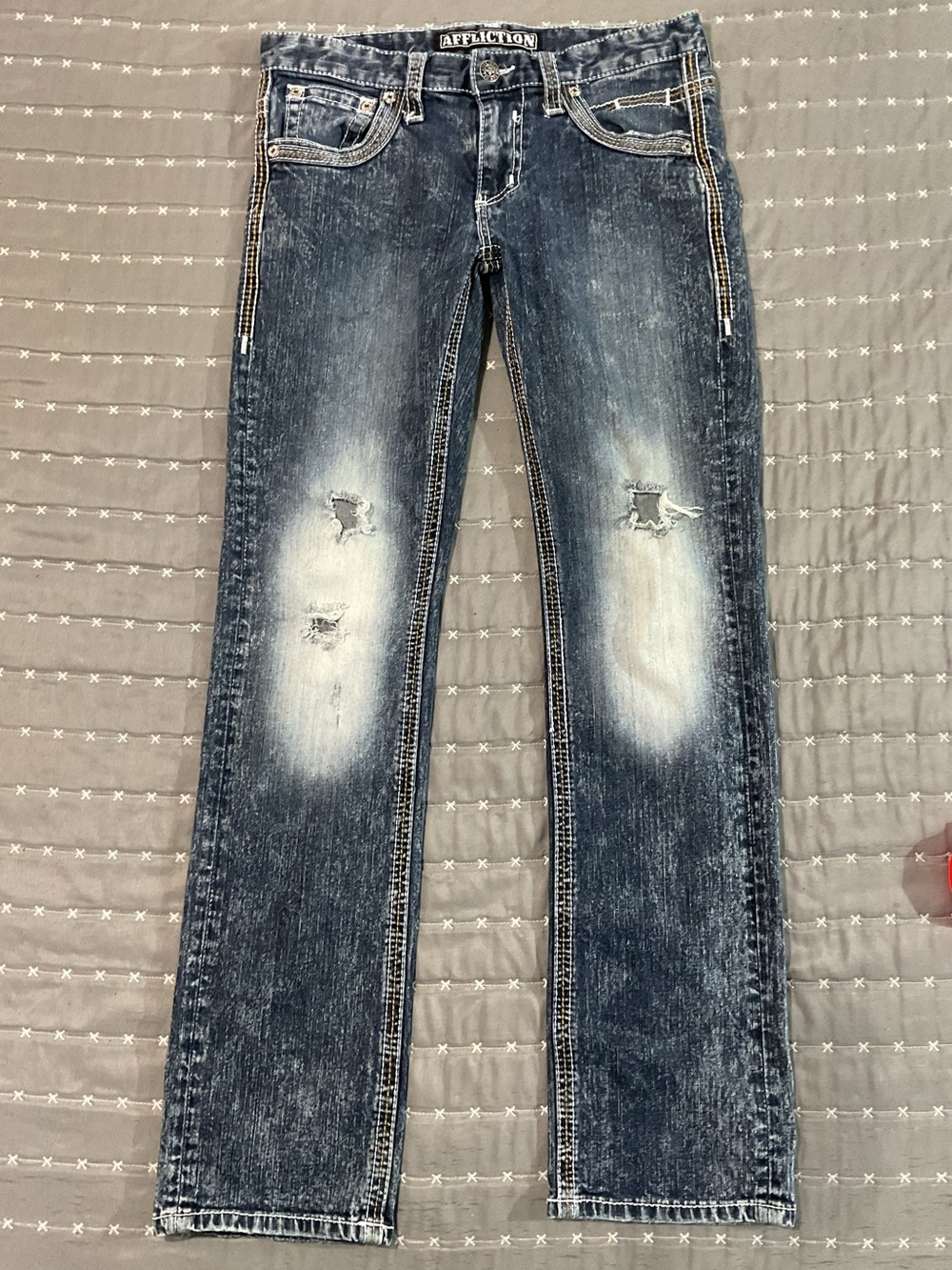Affliction Jeans Mens 30 Distressed Embroidered Flap Pocket Y2K Biker Denim